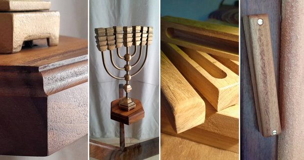 Menorah and Mezuzahs made of Wood and Brass